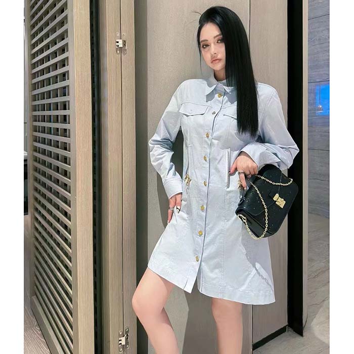 Louis Vuitton LV Women Zipper Waist Shirt Dress Coton Ice Blue Regular Fit