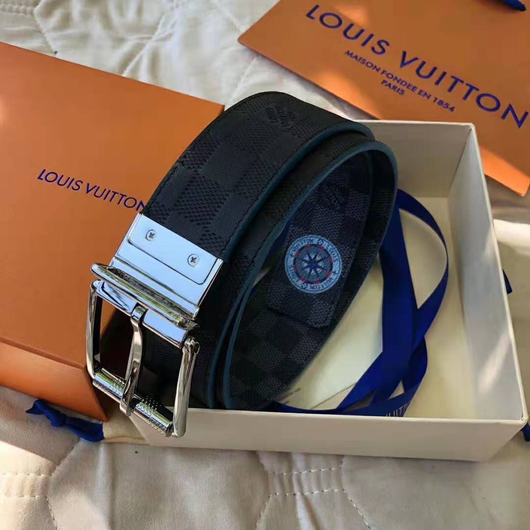 Louis Vuitton LV Unisex Damier Print 40mm Reversible Belt in Damier Canvas-Blue