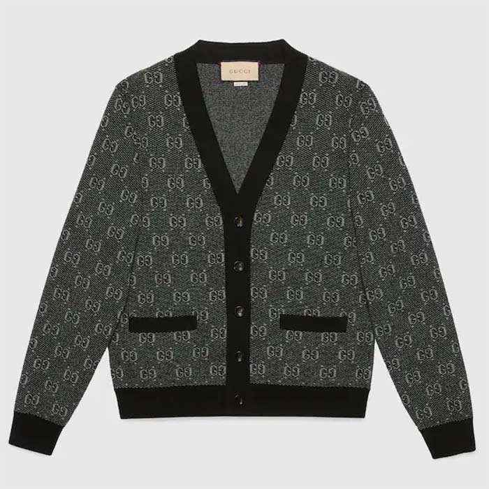 Gucci Women GG Wool Jacquard Cardigan Grey V-Neck Long Sleeves Front Pockets