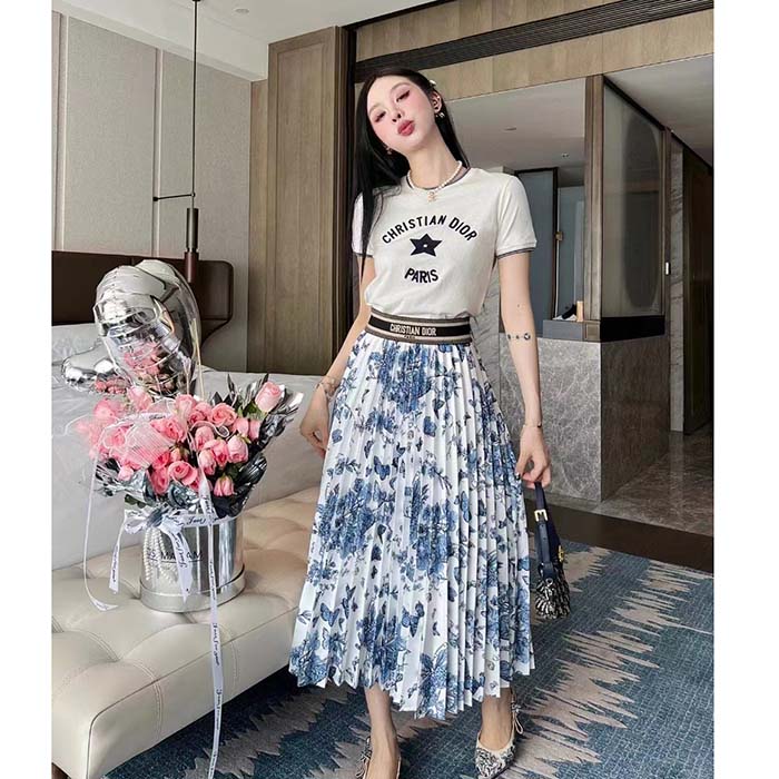 Dior Women CD Mid-Length Pleated Skirt Ecru Cotton Denim Multicolor Toile De Jouy Mexico
