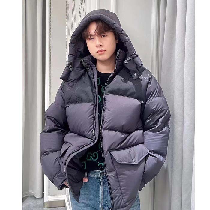 Gucci Men Nylon Down Jacket GG Iserts Black Canvas High Neck Velcro Cuffs Zip Closure