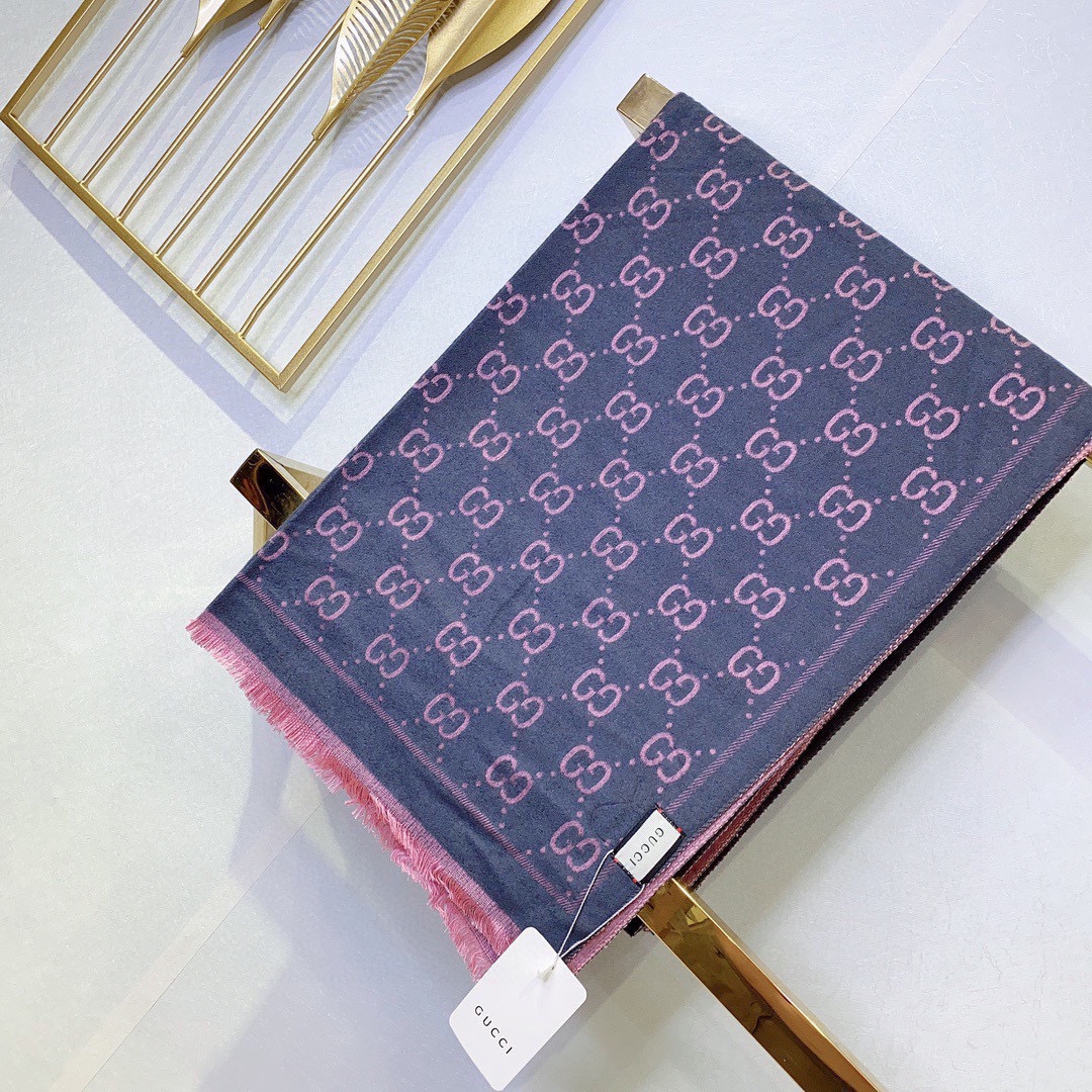 Gucci Women GG Wool Scarf Graphite Pink GG Fringe Edges