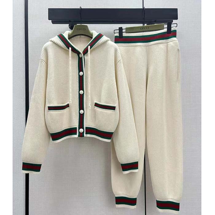 Gucci Women GG Rib Wool Pant Web Elastic Waist Drawstring Elastic Leg Cuffs