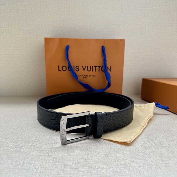 Louis Vuitton Unisex LV Pont Neuf 35 MM Belt Black Taiga Calf Leather Lining