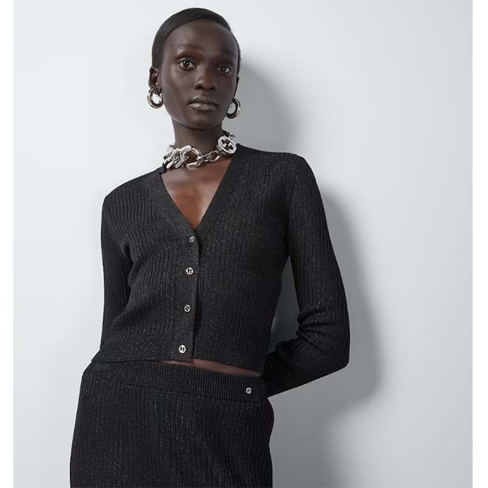 Gucci GG Women Rib Stitch Viscose Lamé Cardigan Interlocking G Buttons V-Neck Long Sleeves