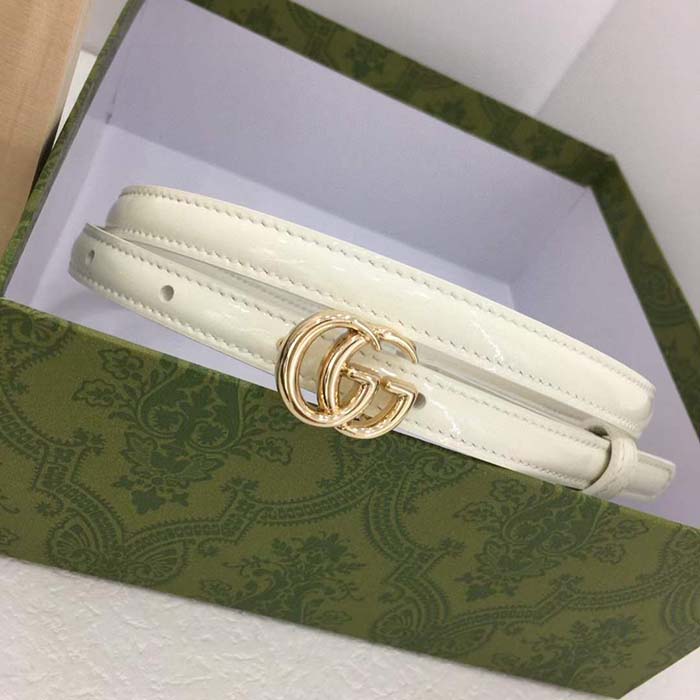 Gucci Unisex GG Thin Patent Double G Belt White Leather 1.3 CM Width