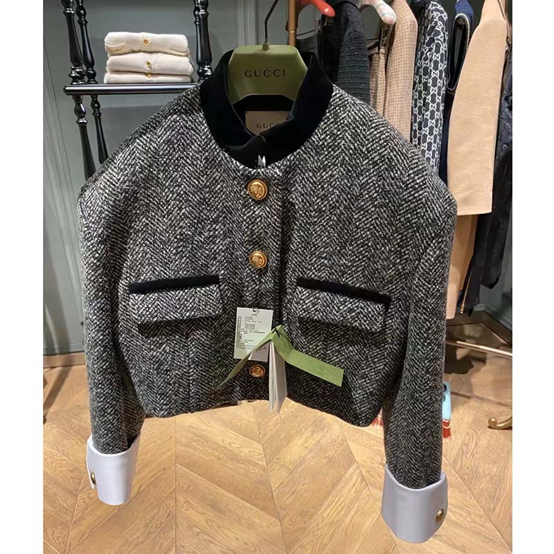 Gucci Women GG Check Tweed Jacket with Double G Buttons
