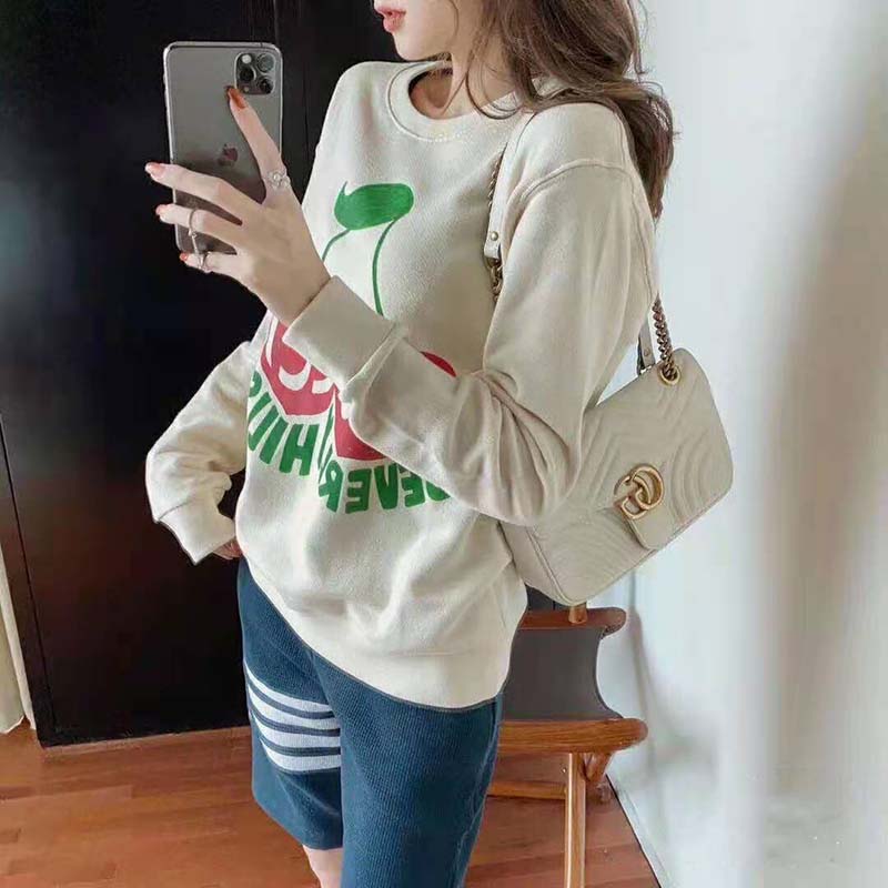 Gucci Women Beverly Hills Cherry Print Sweatshirt Cotton Jersey Crewneck Puff Sleeves-White