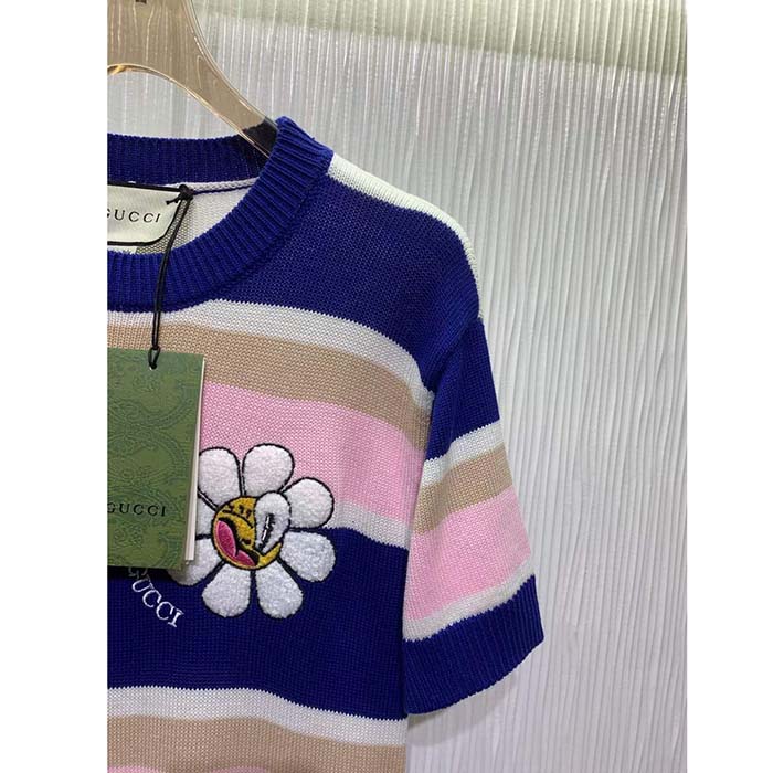 Gucci Women GG Striped Cotton Wool Dress Patch Round Neck
