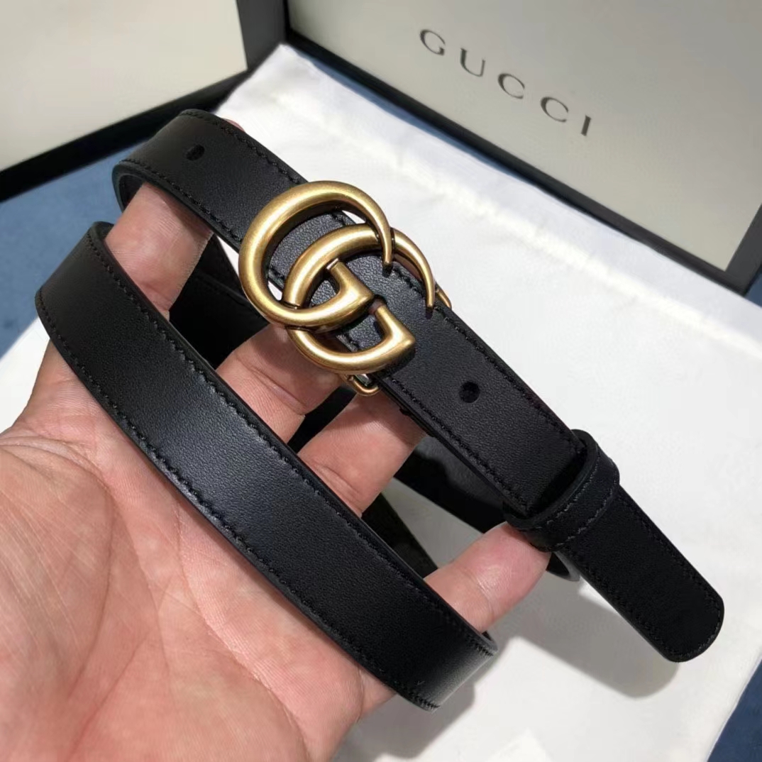 Gucci Unisex GG Leather Belt Double G Buckle Black Leather 2 CM Width