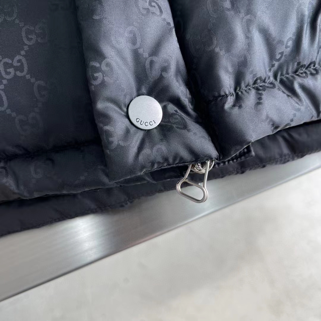 Gucci Women GG Nylon Jacquard Jacket Web Black Stripe Lined Fixed Hood Rib Cuffs