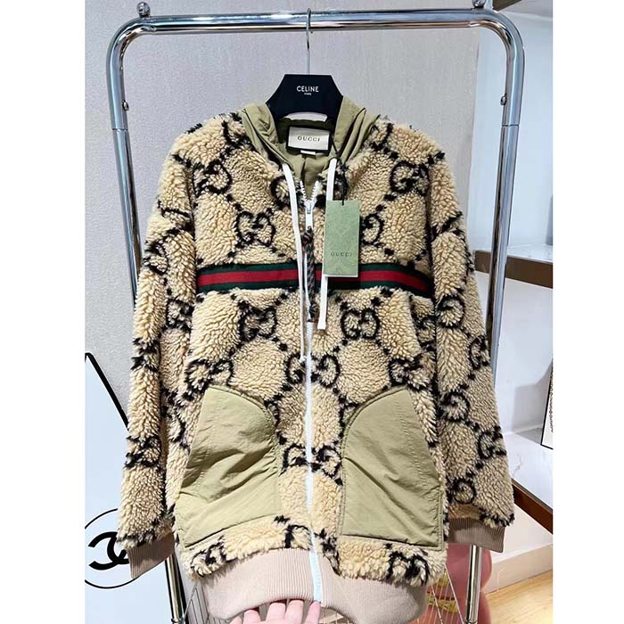Gucci Women Maxi GG Wool Jersey Jacket Beige Black Polyamide Polyester