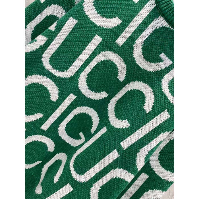 Gucci Men GG Wool Sweater Gucci Intarsia Green Crewneck Dropped Shoulder