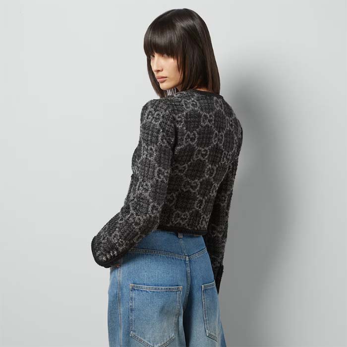 Gucci Women GG Tweed Jacket Dark Grey Lined Collarless Two Front Pockets Button Closure Style ‎761164 ZAPA4 1158