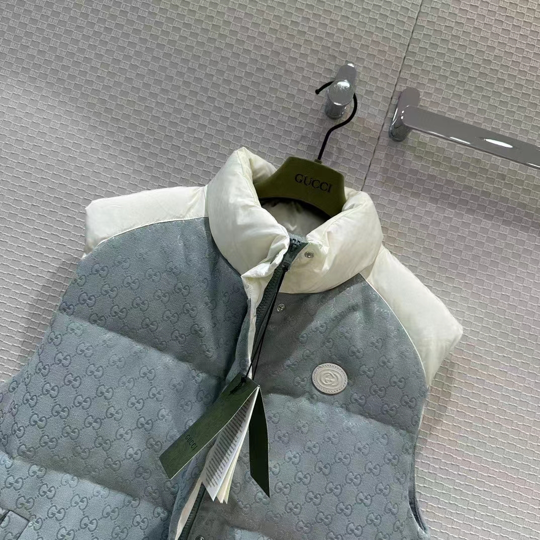 Gucci Women GG Cotton Canvas Padded Vest Blue Lined High Neck Sleeveless Two Side Pockets