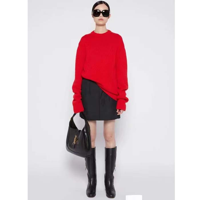 Gucci Women GG Wool Top Gucci Intarsia Red Crewneck Dropped Shoulder Long Sleeves