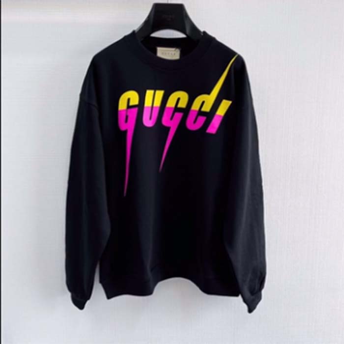 Gucci Women GG Cotton Jersey Printed Sweatshirt Black Felted Blade Print Crewneck Long Sleeves