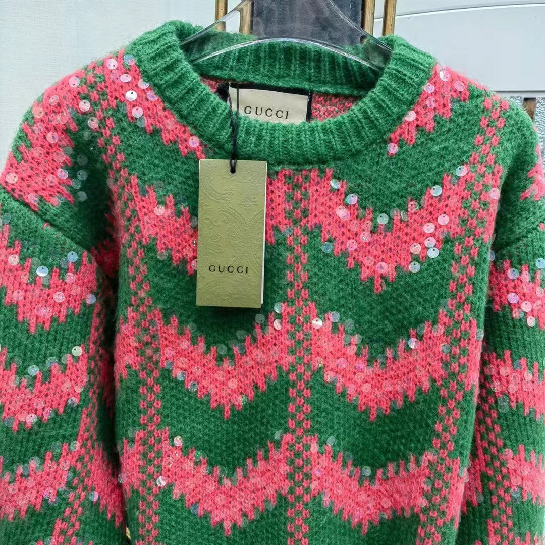 Gucci Women GG Chevron Wool Sequin Sweater Crewneck Mohair Polyamide Puffed Sleeves