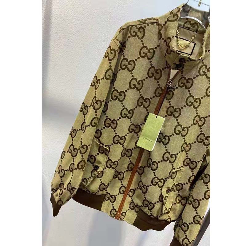 Gucci Women Jumbo GG Canvas Jacket Beige Ebony Jumbo Cotton Wool Leather