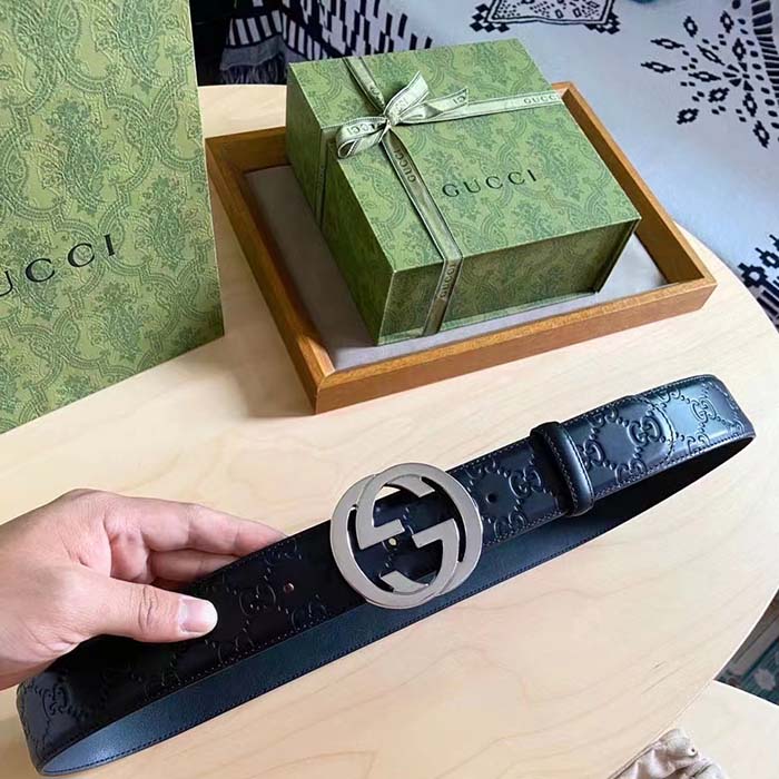 Gucci Unisex GG Signature Leather Belt Black Interlocking G Buckle 3.8 CM Width