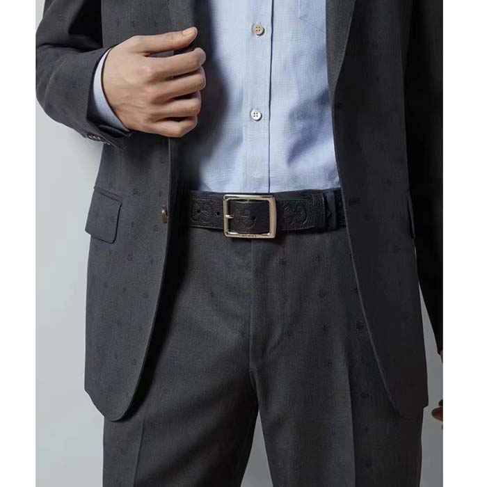 Gucci Unisex GG Rubber-Effect Leather Black Square Buckle 3.3 CM Width