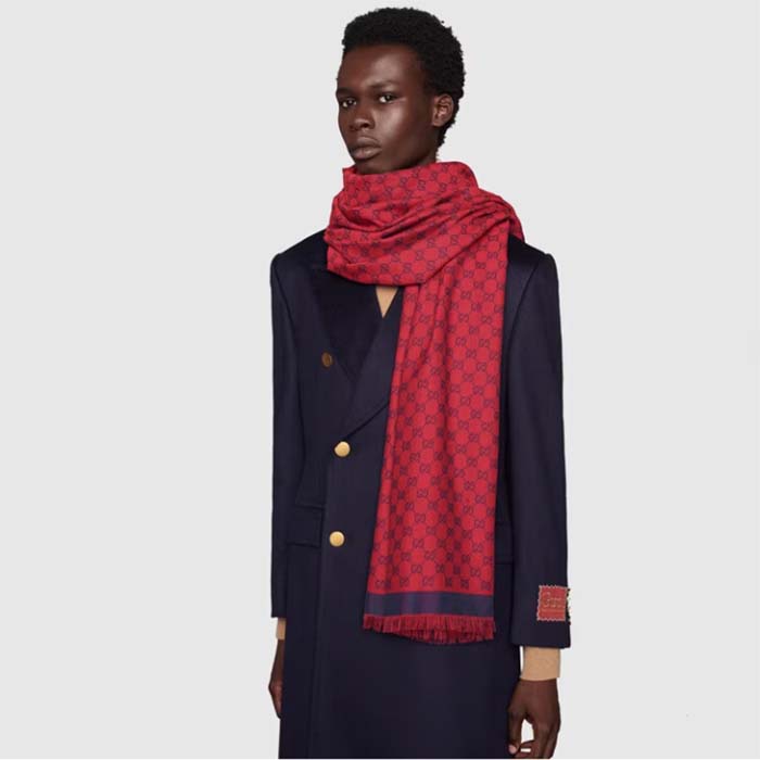 Gucci Unisex GG Jacquard Cotton Stole Red Blue Fringe