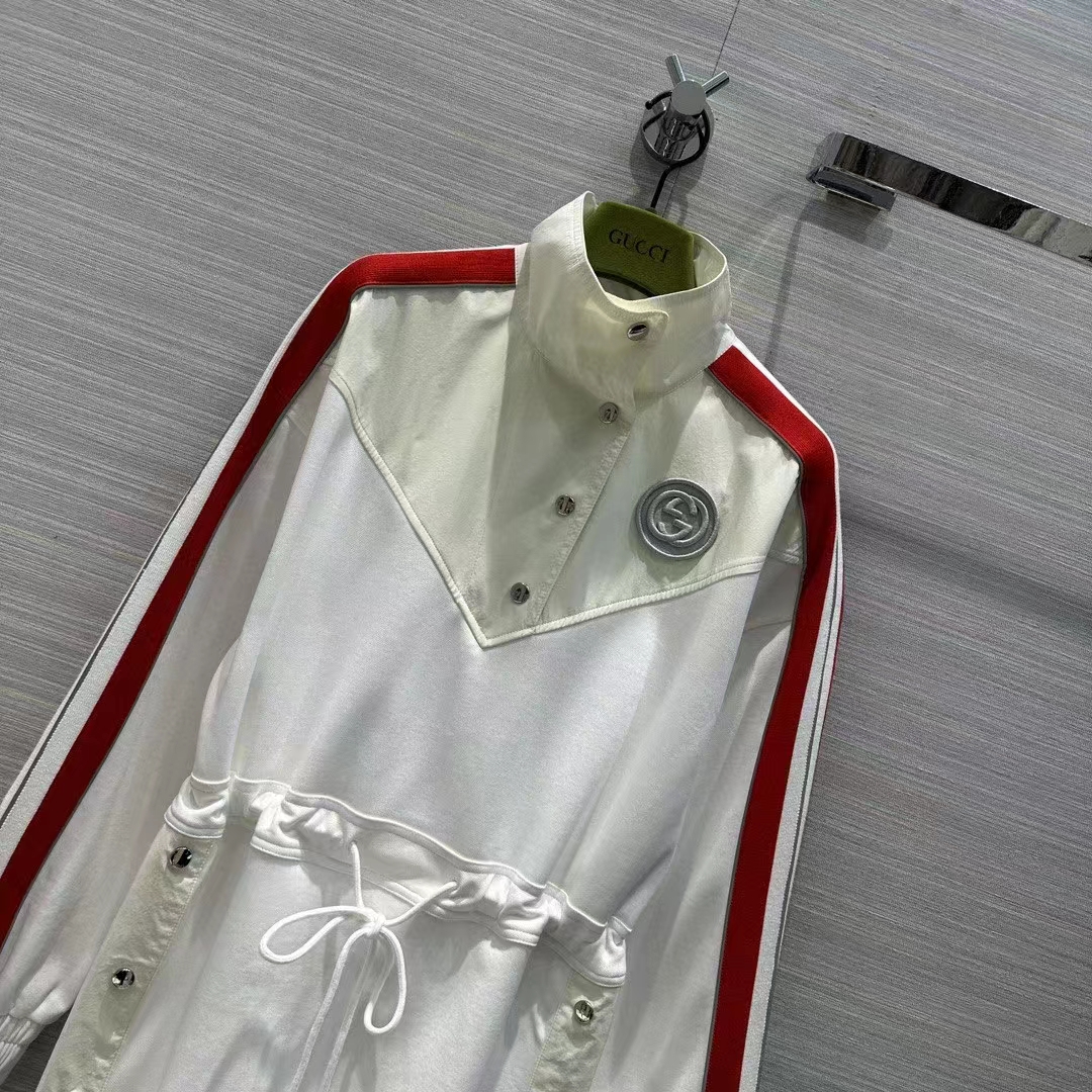 Gucci Women GG Technical Jersey Dress Web High Neck Dropped Shoulder Elastic Cuffs Drawstring Waist