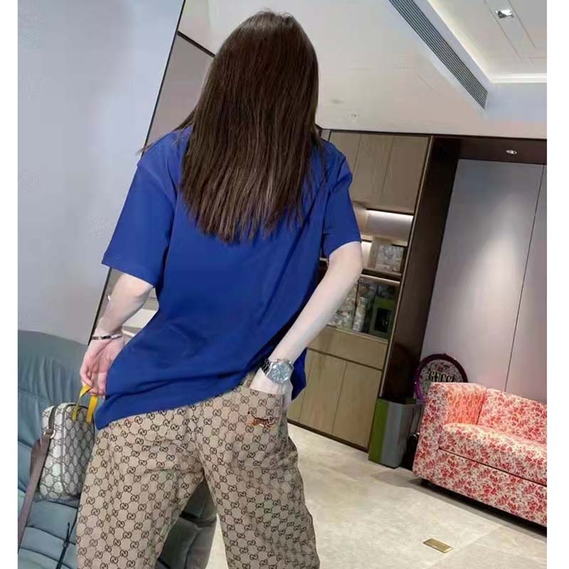 Gucci GG Women Gucci Tiger Cotton T-Shirt Blue Cotton Jersey Crewneck