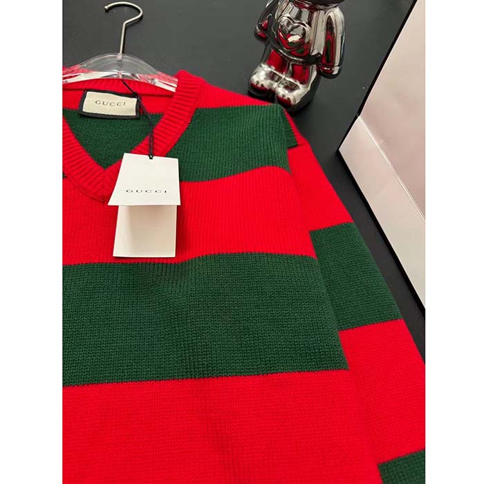 Gucci Women GG Felted Wool Striped Sweater V-Neck Dropped Shoulder Long Sleeves