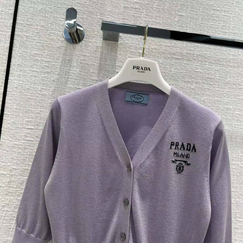 Prada Women Cropped Lurex Cardigan with Intarsia Logo-Purple