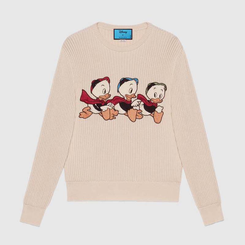 Gucci Women Disney x Gucci Donald Duck Cotton Wool Sweater Holes Crewneck Collar-White