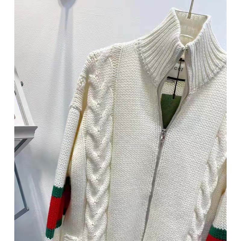 Gucci Women GG Cable Knit Bomber Jacket Off-White Cable Knit Wool