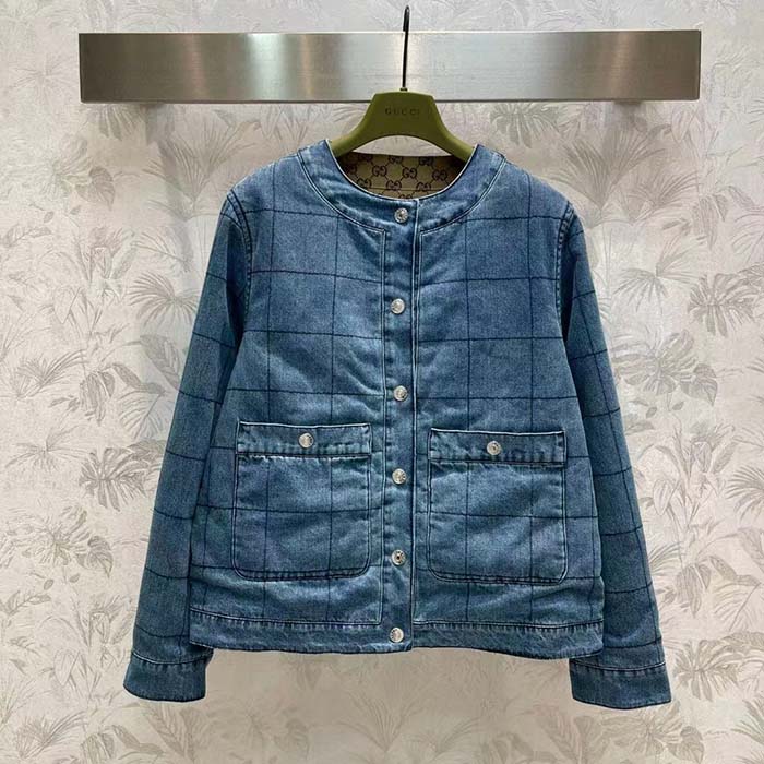 Gucci Women GG Reversible Denim Jacket Camel Ebony GG Canvas Reversible Collarless Dropped Shoulder