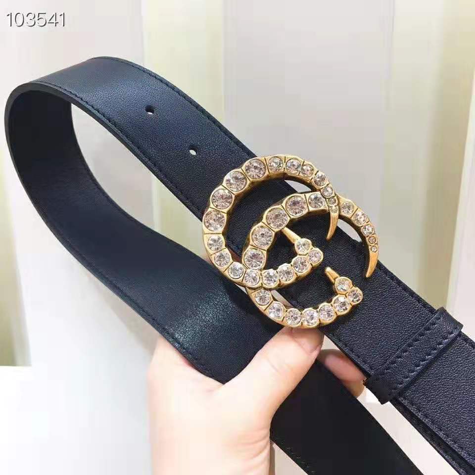 Gucci Unisex Leather Belt with Crystal Double G Buckle-Black