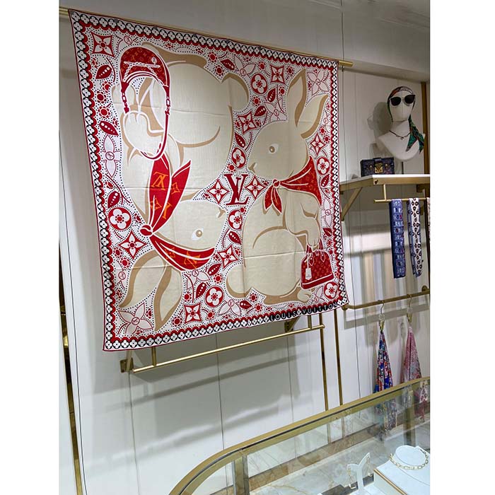 Louis Vuitton LV Women Precious Rabbit Square 70 Red Silk-Screen Print Monogram Flowers