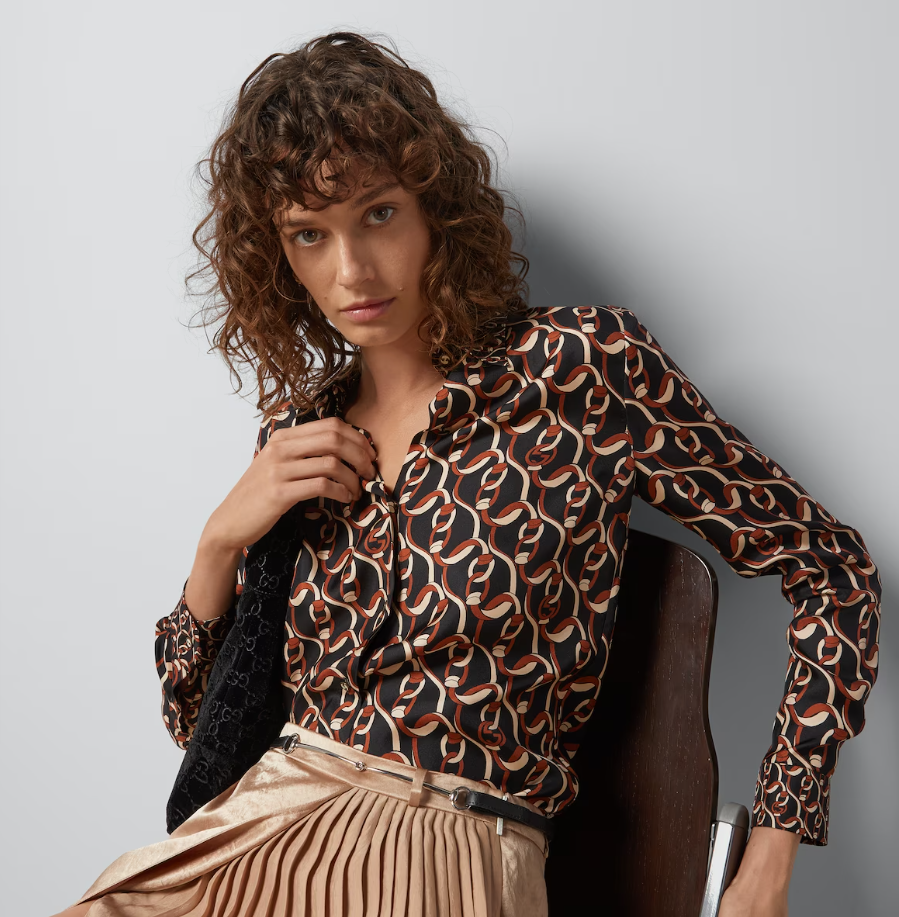 Gucci GG Women Interlocking G Chain Print Silk Shirt Point Collar Long Sleeves