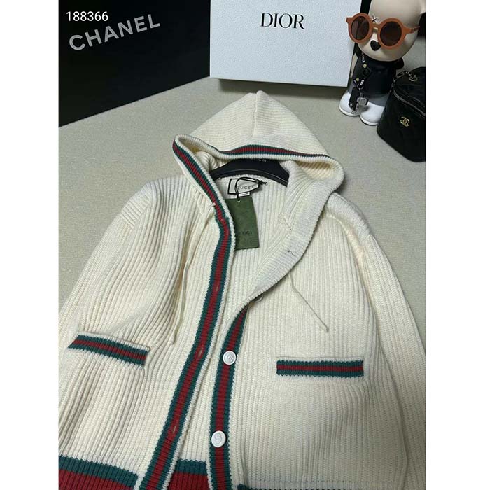 Gucci Women Rib Stitch Wool Cardigan Web Fixed Hood Drawstring Dropped Shoulder Long Sleeves