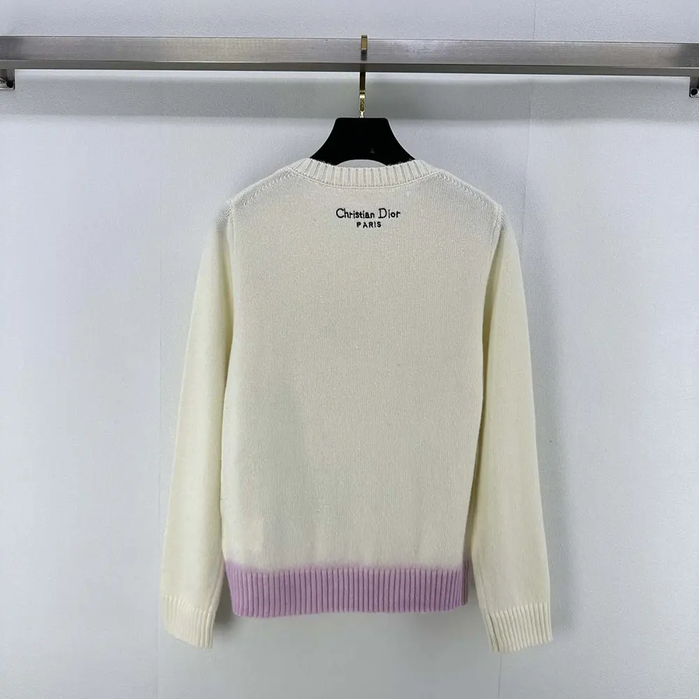 Dior Women Embroidered Sweater White Cashmere Knit with Multicolor Dior Pivoine Motif