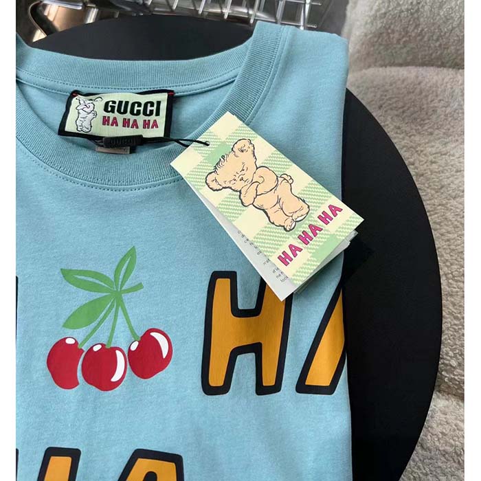 Gucci Women GG HA HA HA Cherry T-Shirt Light Blue Medium Cotton Jersey Crewneck