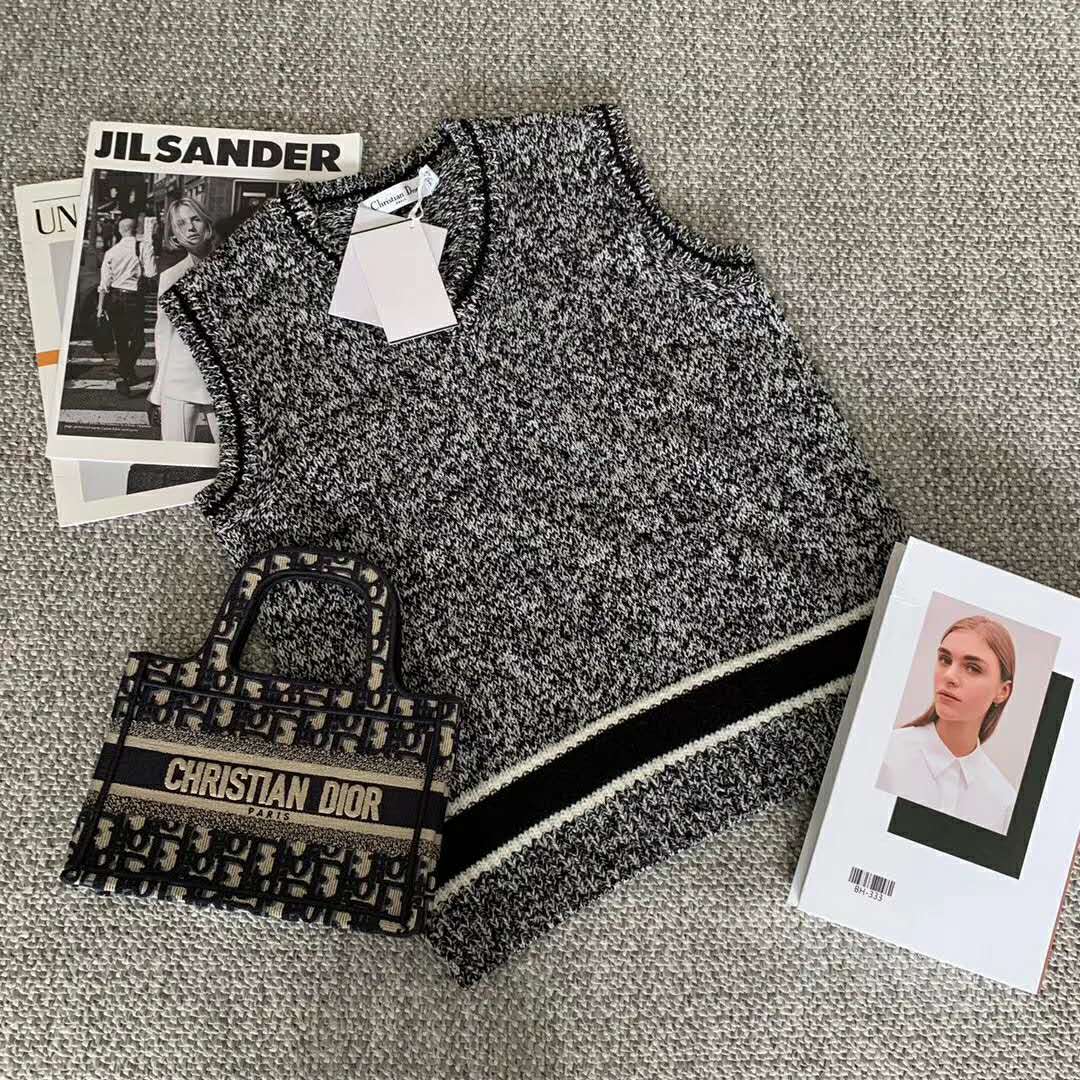 Dior Women V-Neck Sleeveless Sweater Blue Gray Cashmere Wool