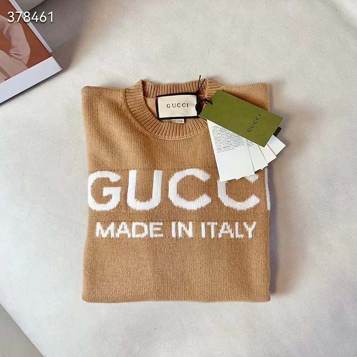 Gucci Women GG Wool Top Gucci Intarsia Camel Wool Crewneck Dropped Shoulder Long Sleeves Rib