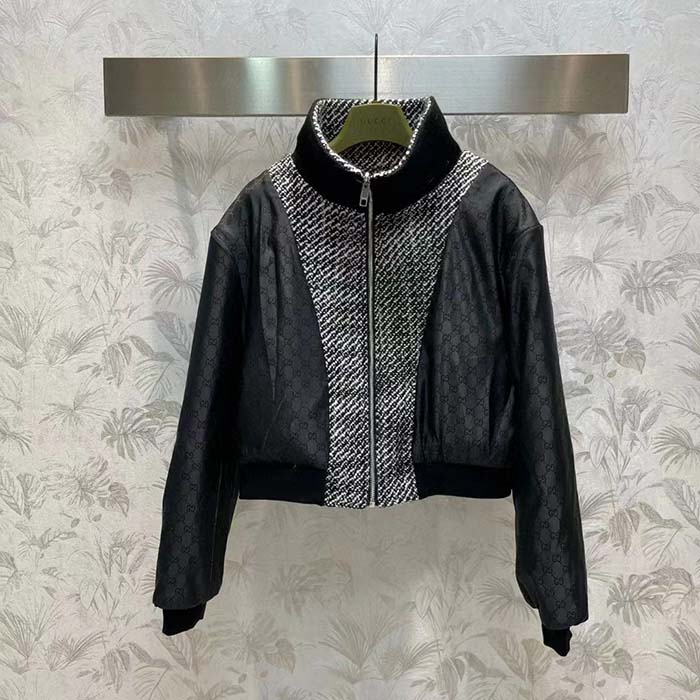 Gucci GG Women Bouclé Wool Jacket Interlocking G High Neck Dropped Shoulder