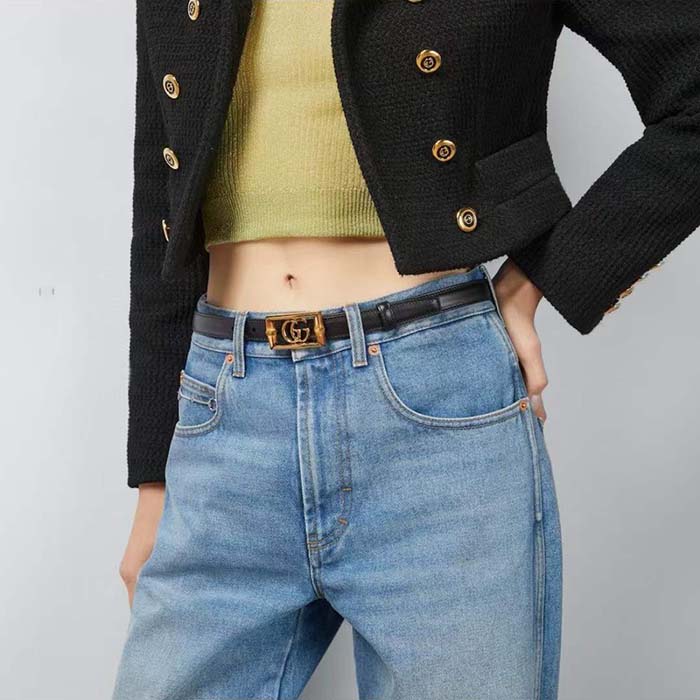 Gucci Unisex GG Belt Double G Buckle Bamboo Black Leather 1.8 CM Width