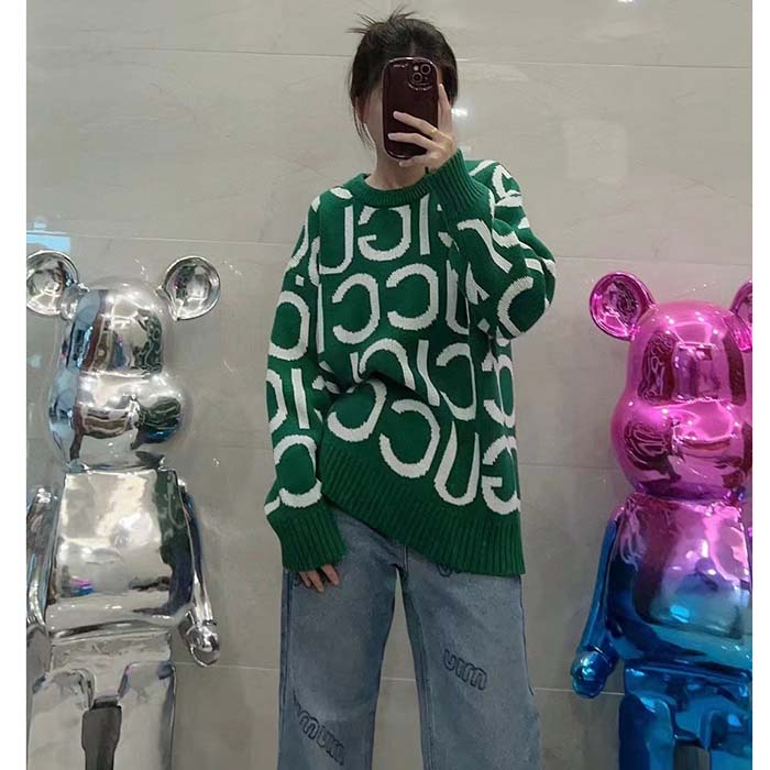 Gucci Women GG Wool Sweater Gucci Intarsia Green Crewneck Dropped Shoulder