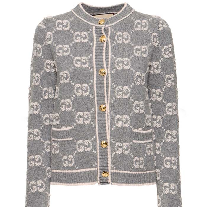 Gucci Women Wool Bouclé Jacquard Cardigan Grey Ivory GG Crewneck Long Sleeves