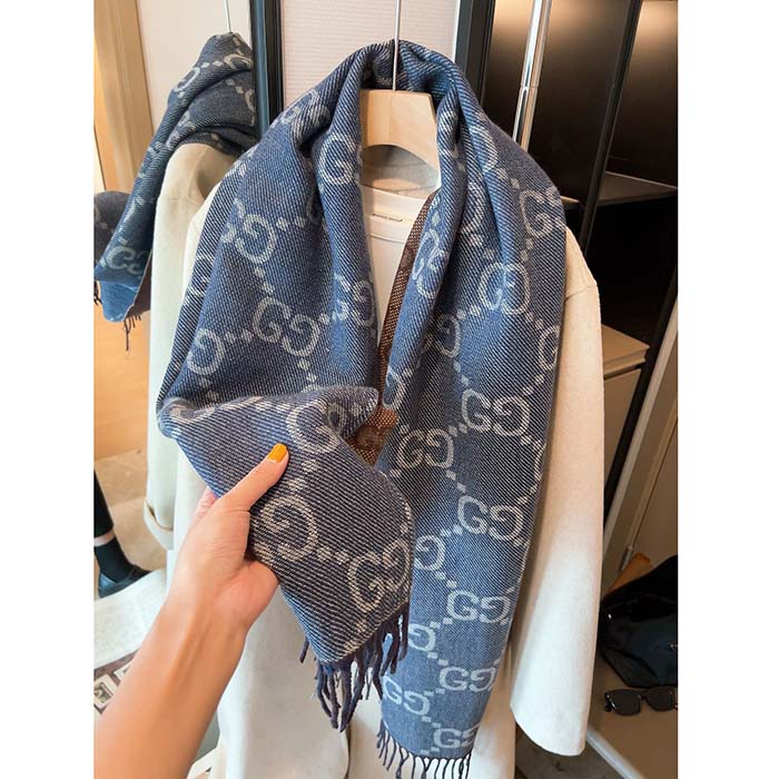 Gucci Unisex GG Cashmere Jacquard Scarf Blue Beige GG Cashmere Jacquard