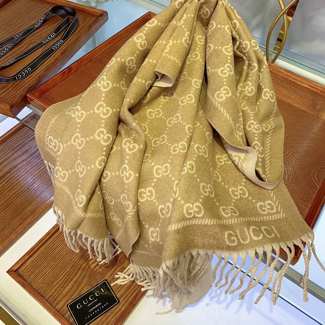 Gucci Unisex GG Jacquard Knitted Scarf Light Brown Fringe Edges