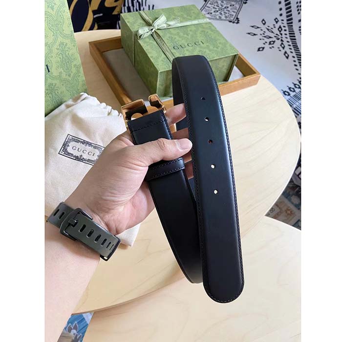Gucci GG Unisex Belt with G Buckle Black Leather 4 Cm Width