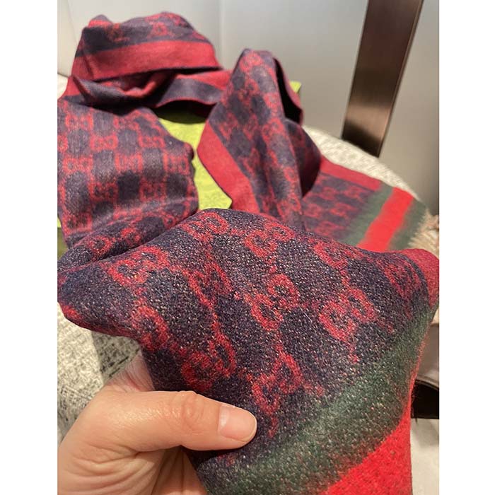 Gucci Unisex GG Jacquard Cotton Stole Red Blue Fringe