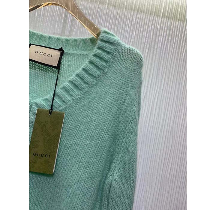 Gucci Women GG Wool Mohair Sweater Crystal G Blue V-Neck Dropped Shoulder Long Sleeves